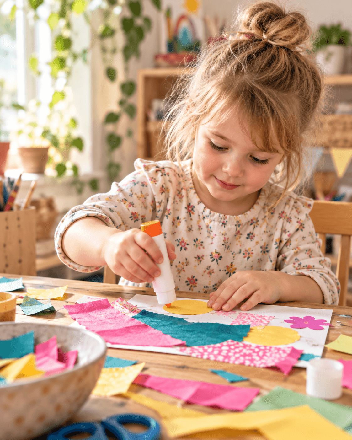 A child gluing coloured paper shapes into a collage